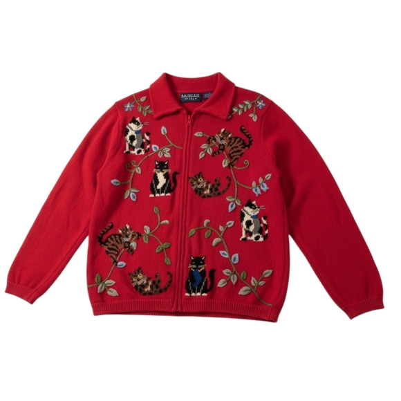 Vintage Sweaters - Vintage Rainbow Bridge Cat Knit Zip Cardigan 100% Cotton M